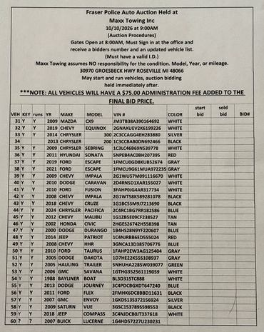 Fraser Police Auto Auction list with vehicle details and auction rules.