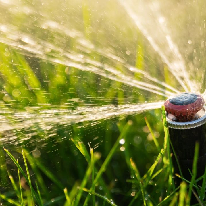 Close em jatos de água saindo de um equipamento de irrigação em uma plantação.