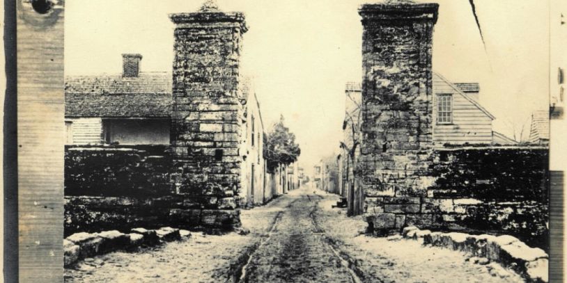 Old black and white photo of the entrance to St. Augustine.