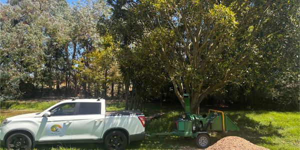 White pickup truck with tree service logo next to wood chipper and wood chips pile.