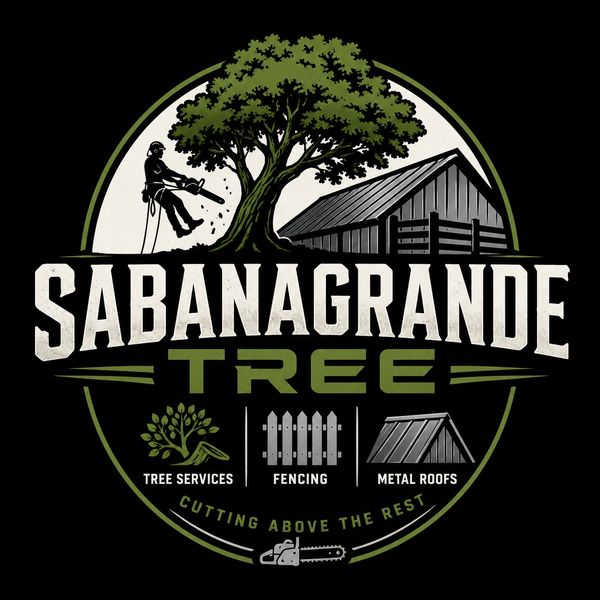 Logo for Sabanagrande Tree with tree services, fencing, and metal roofs.