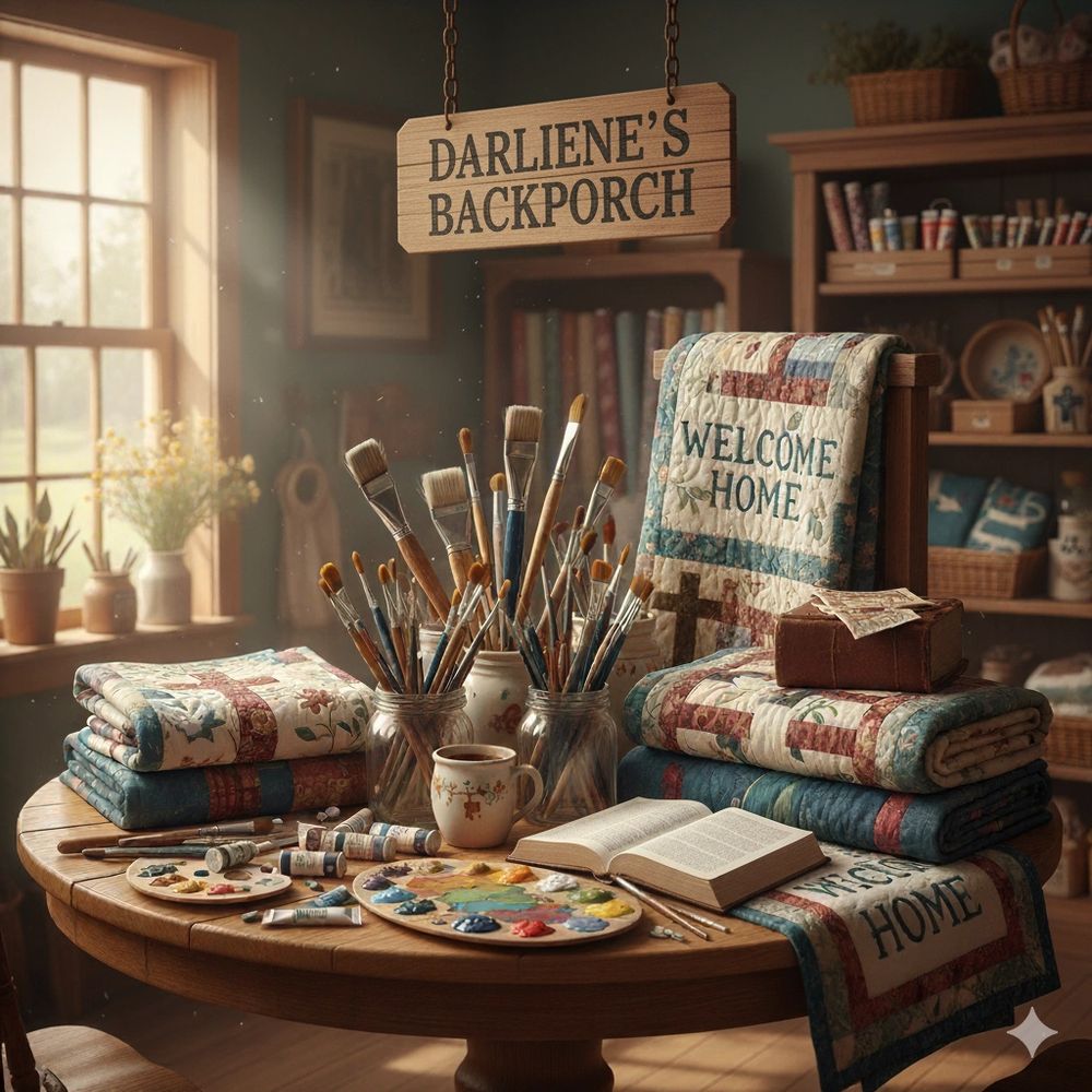Cozy art and quilting space with brushes, paints, and welcoming quilts.