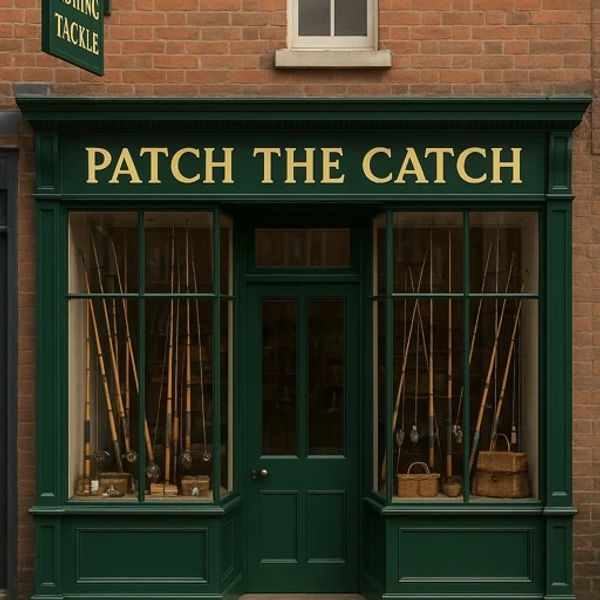 A fishing tackle shop named 'Patch The Catch' with rods displayed in windows.