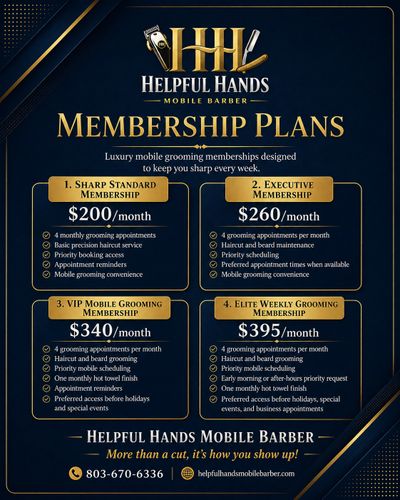 Helpful Hands Mobile Barber membership plans with four tiers offering grooming appointments and priority services.