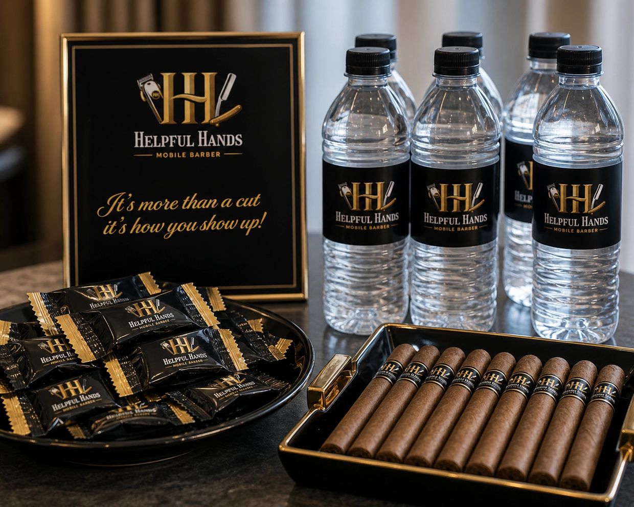 Branded cigars, water bottles, and snacks from Helpful Hands Mobile Barber.