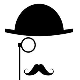 Stylized image of bowler hat, monocle, and moustache. 