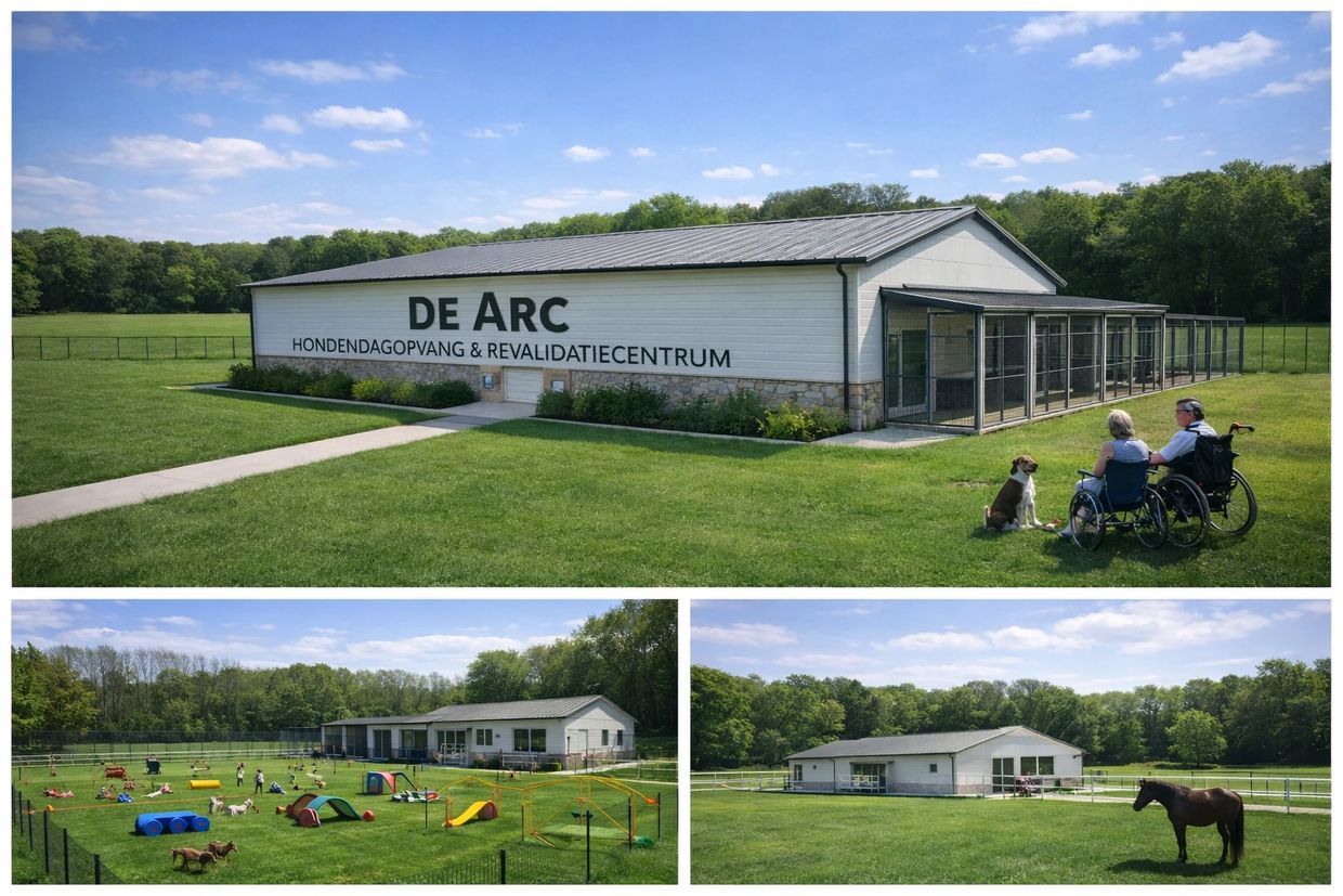 A dog rehabilitation center with outdoor play areas and animals.