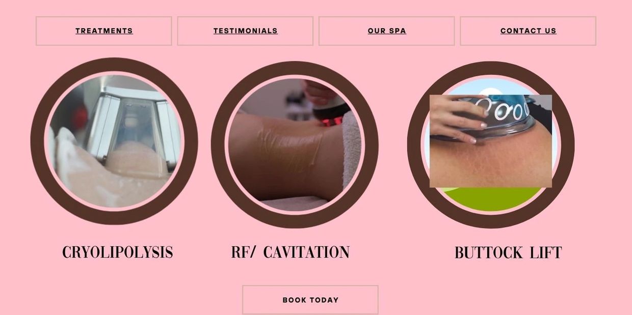 Spa treatments for body contouring: Cryolipolysis, RF/Cavitation, and Buttock Lift.
