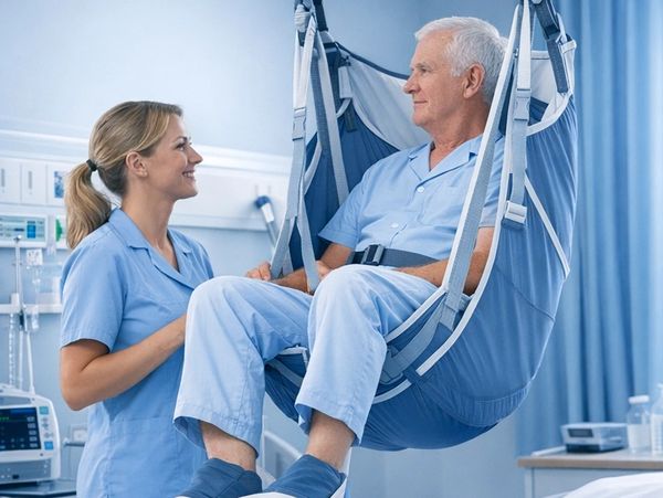 Nurse assisting elderly man in a patient lift in a hospital room.