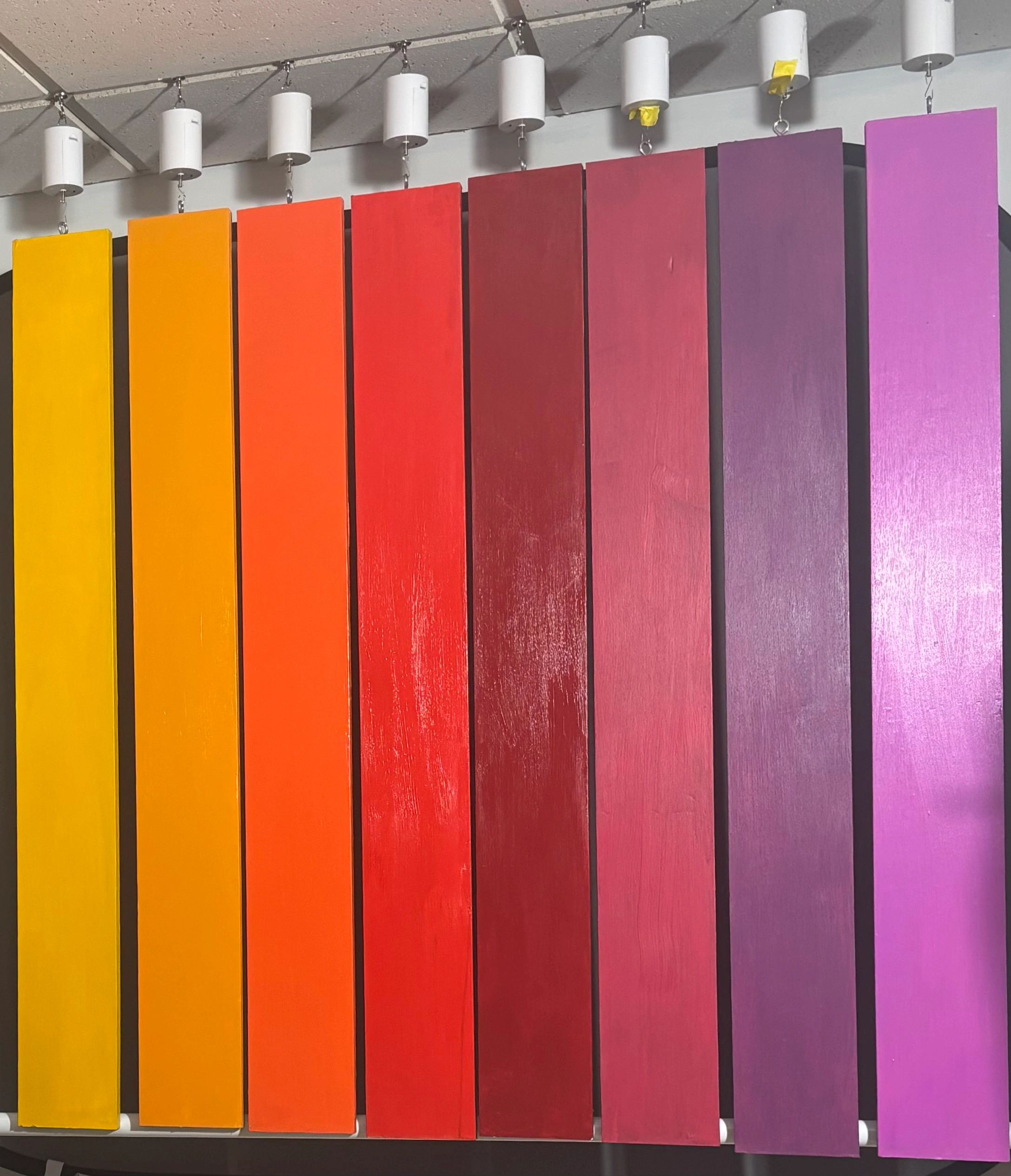 A new direction with these boards painted on both sides and hanging from mirror ball motors at 5 RPM