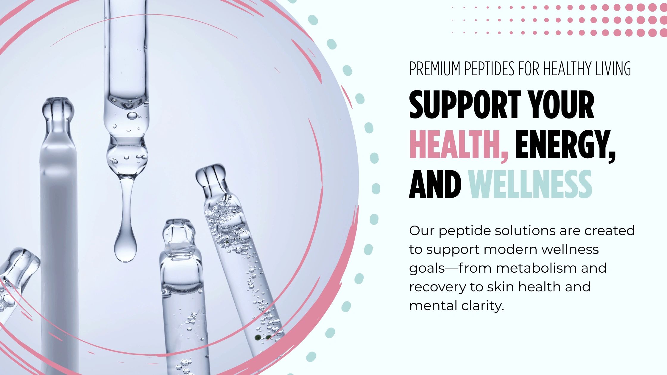 Glass vials with peptide solution promoting health, energy, and wellness.