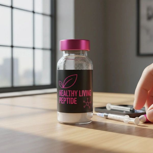 A vial labeled Healthy Living Peptide with a syringe on a wooden table.