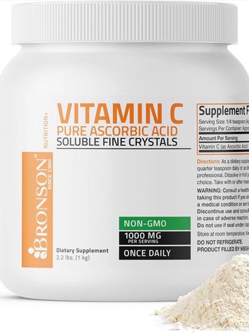 Vitamin C pure ascorbic acid supplement in powder form.