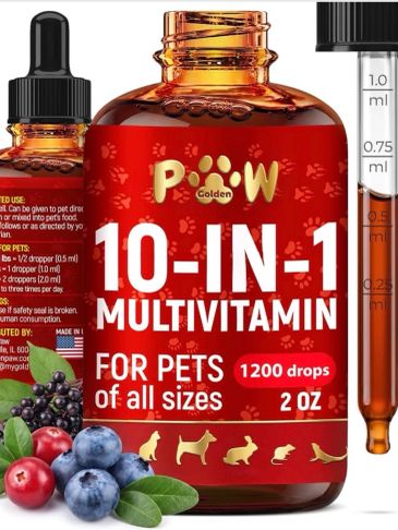 Bottle of 10-in-1 multivitamin for pets with a dropper and berries.