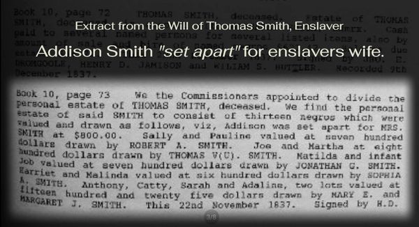 Addison Smith Listed In Enslaver's Will