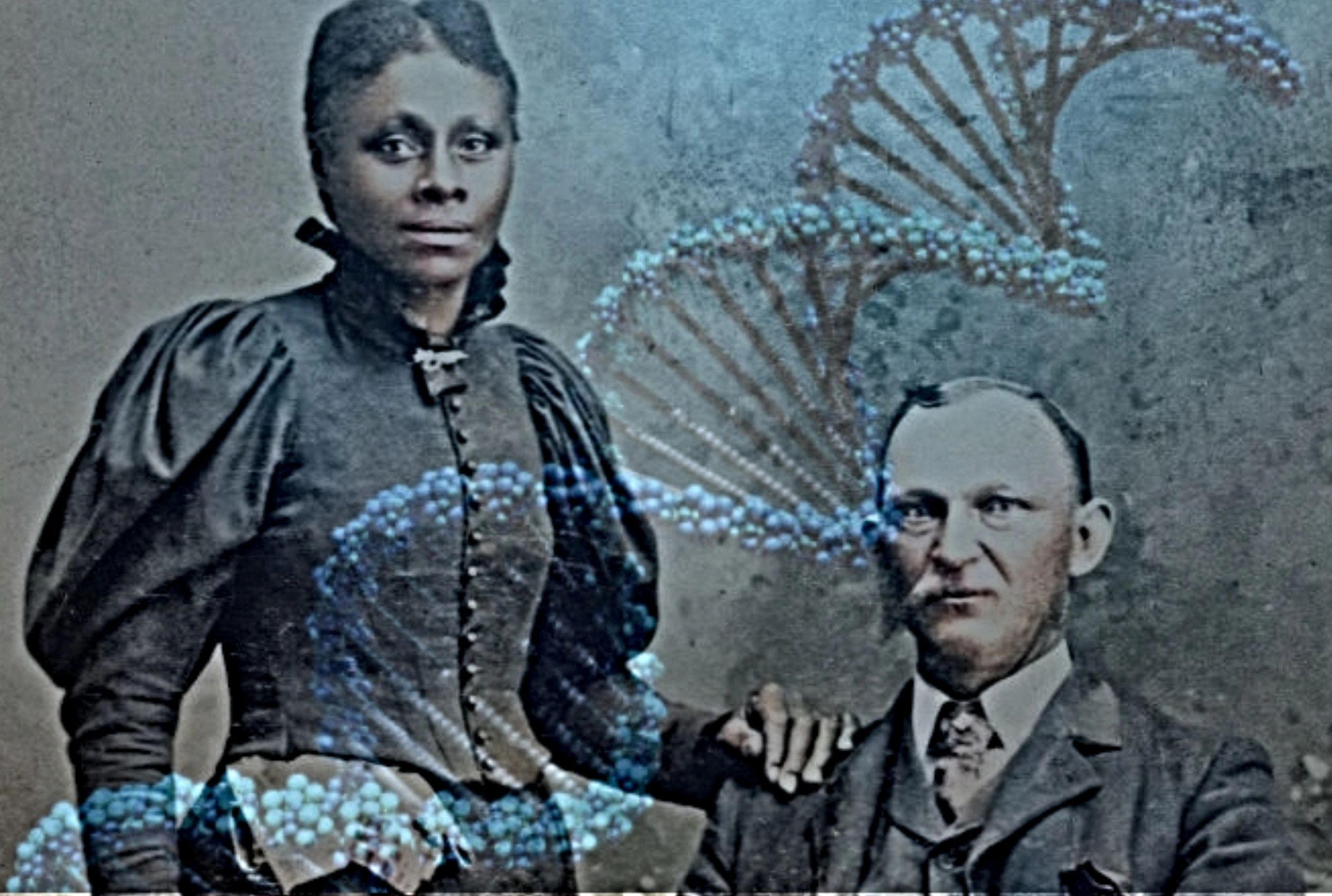 Vintage portrait of a couple with a DNA double helix overlay.