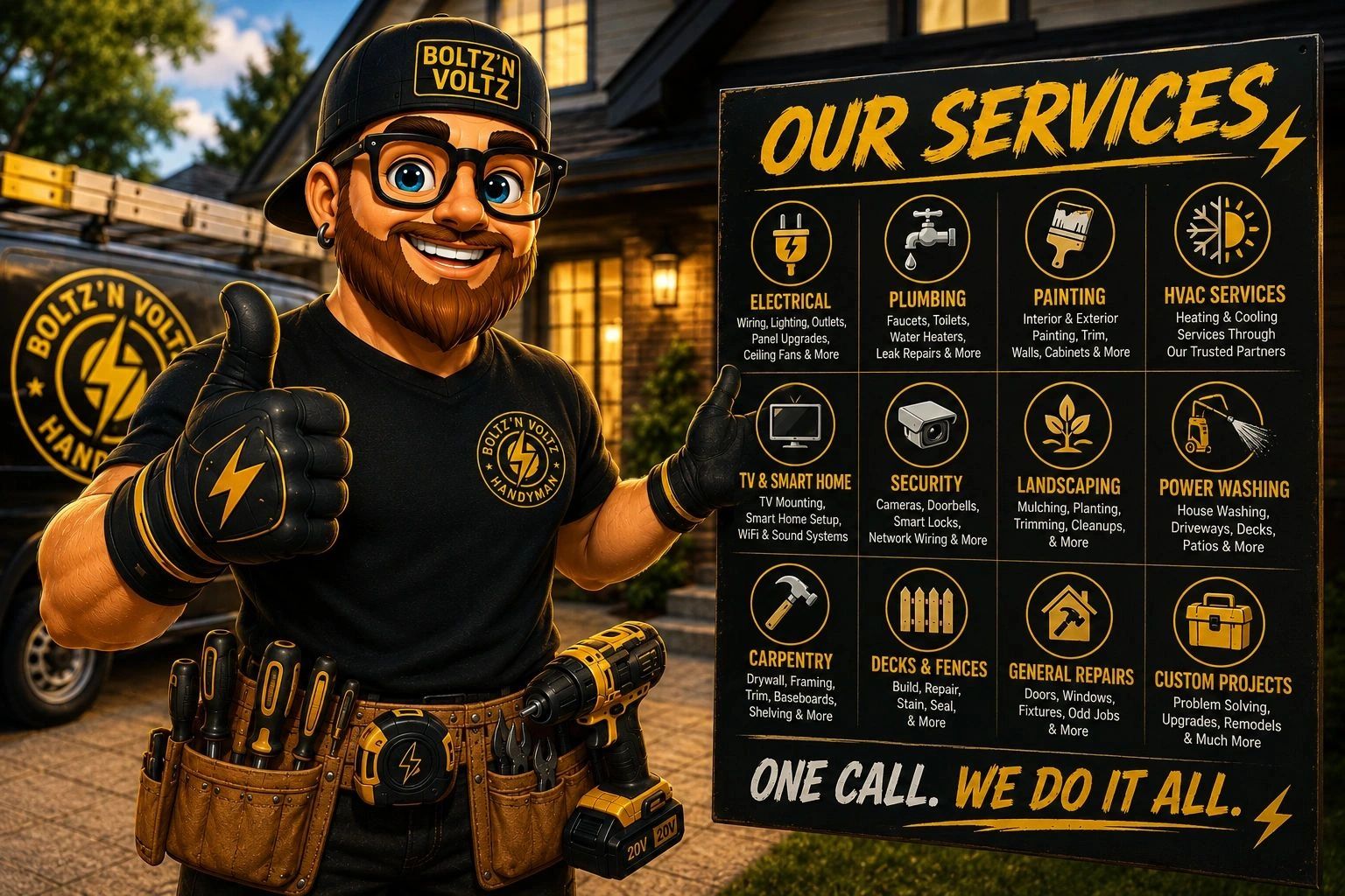 Smiling handyman giving thumbs up next to a detailed service list for home repairs and improvements.