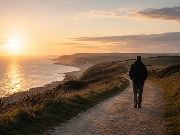 A person walking alone on a coastal path during sunset.