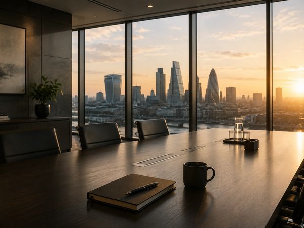 Modern office conference room with city skyline at sunset.