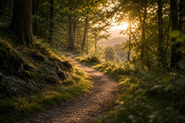 A sunlit forest path winding through lush greenery at sunset.
