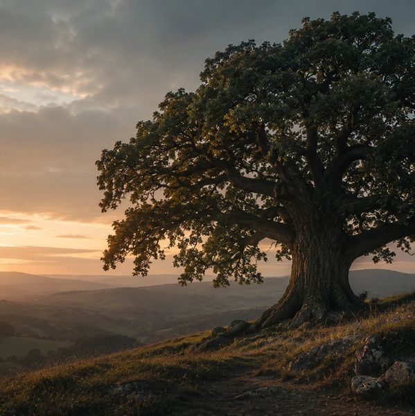 A large tree stands on a hillside during sunset.
