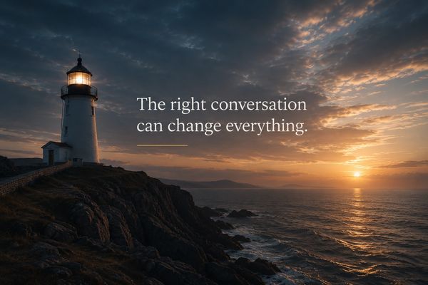 Lighthouse at sunset with inspiring quote about conversation changing everything.