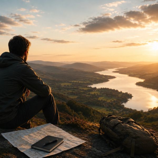 A man sits on a hilltop overlooking a river valley at sunset.