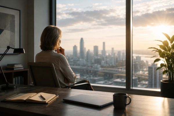 Person sitting by a window, looking thoughtfully at a city skyline at sunset.