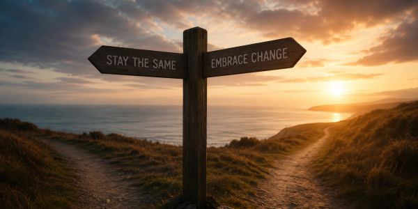 A signpost at a fork in the path with choices to stay the same or embrace change.