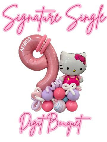 Pink and purple balloon bouquet with a Hello Kitty figure and number 9 balloon.