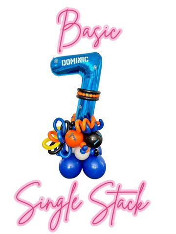 Colorful balloon arrangement with a number 7 and the name Dominic.