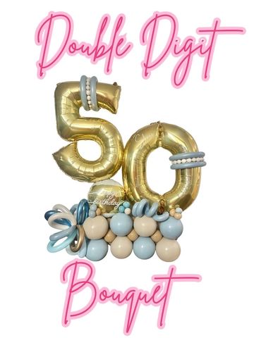 Gold balloon bouquet celebrating 50 with pastel accents.