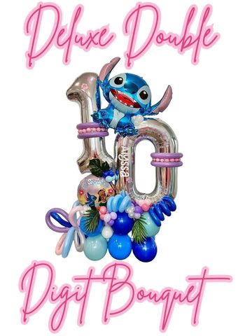 Colorful balloon bouquet featuring Stitch and the number 10.