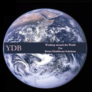 Earth with healthcare company slogan overlay.