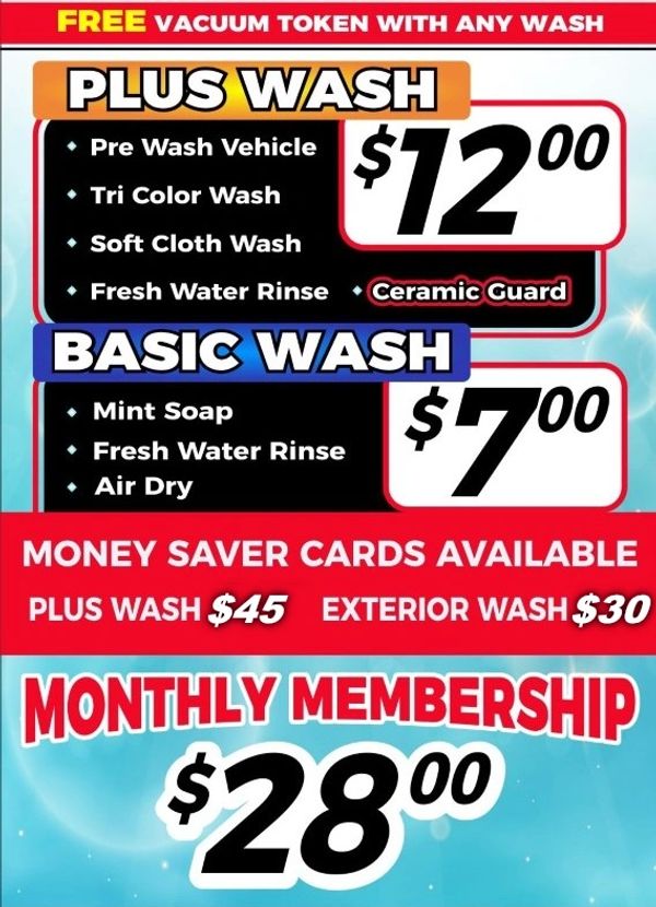 Car wash options with prices and membership deals.
