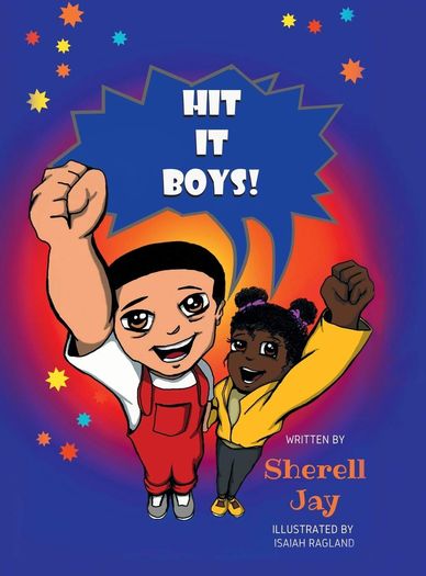 A colorful children's book cover with two excited kids raising their fists.