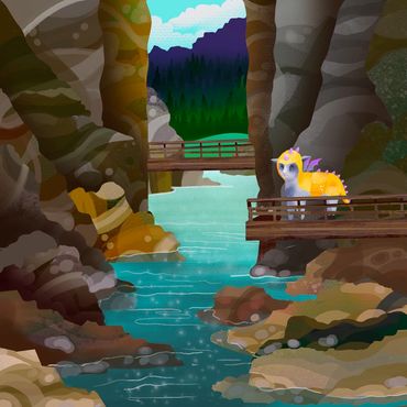 A mythical creature stands on a wooden bridge over a river in a rocky canyon.