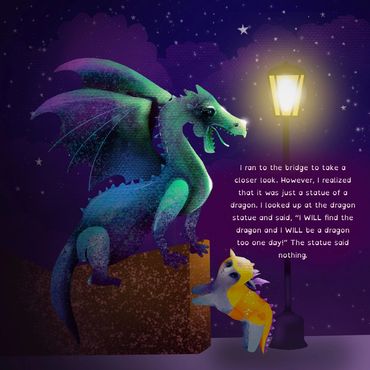 A dragon statue and a child under a lamp post at night with a story text.