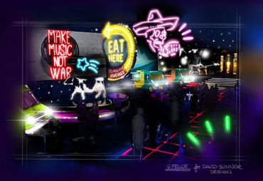 Neon-lit retro diner with glowing signs and a futuristic vibe.