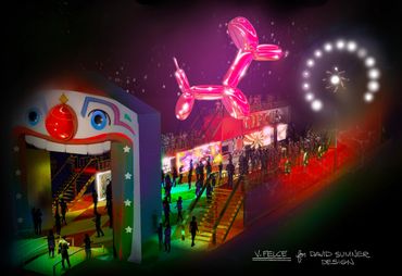 Colorful carnival scene with a balloon dog and Ferris wheel at night.