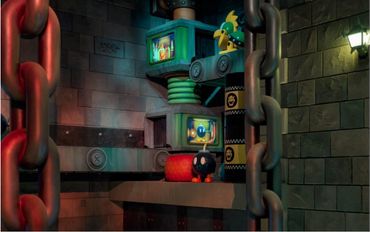 A small character stands on a red platform inside a mechanical room with large chains.