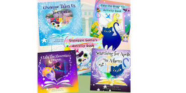 Collection of colorful children's activity and storybooks featuring a blue cat character.