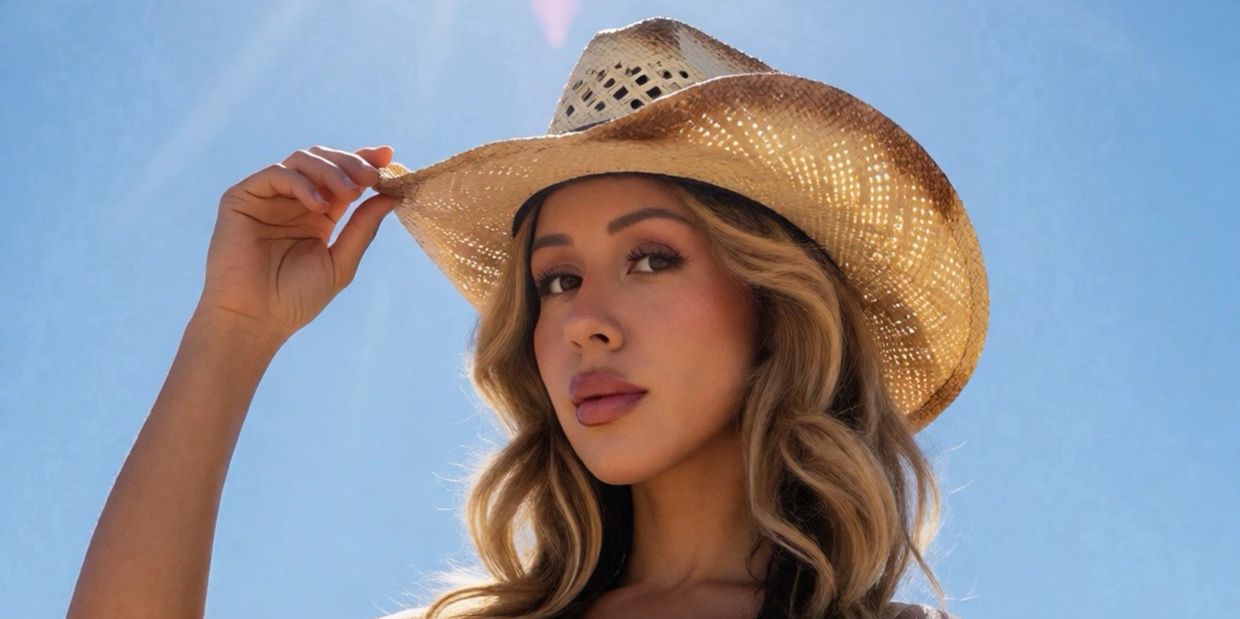 Woman wearing a straw cowboy hat against a bright blue sky.