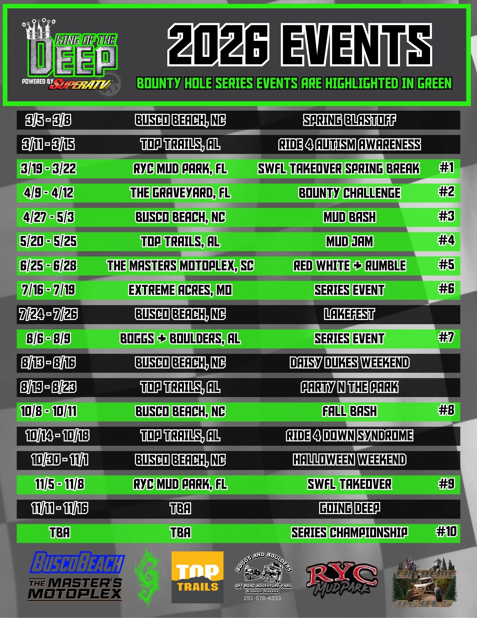 2026 King of the Deep ATV event schedule with Bounty Hole Series highlighted in green.