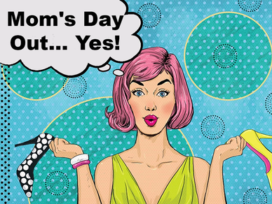Pop art woman excited about a mom's day out, holding shoes.