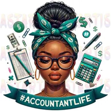Illustration of a confident accountant with a calculator and financial tools, captioned #ACCOUNTANTLIFE.