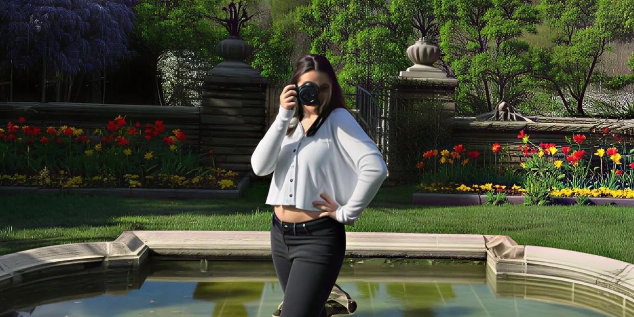 Person taking a photo in a garden near a pond with colorful flowers.