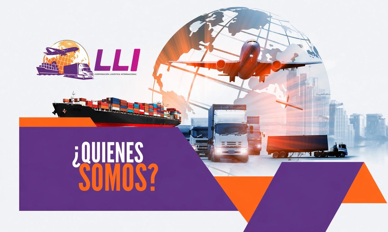 Image showing global logistics with ships, trucks, and planes under the title ¿Quienes Somos?