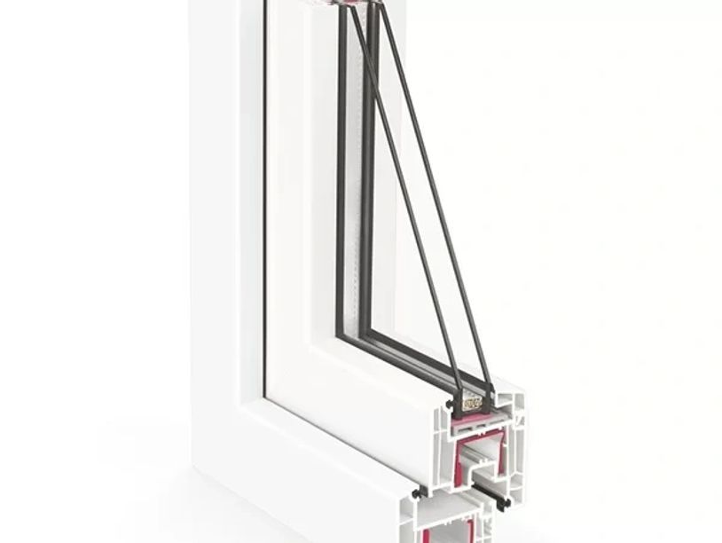 Cross-section of a double-glazed window frame showcasing its layered structure.