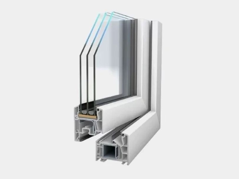 Cross-section of a triple-glazed window frame showing glass panes and frame structure.